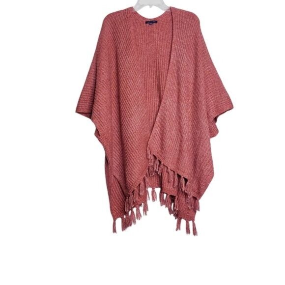 American Eagle Orange Knit Poncho Sweater Fringe Wrap Women's One Size Fits Most - Picture 2 of 8